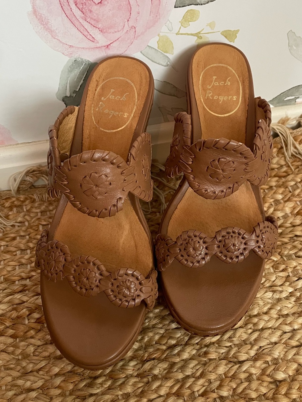 Jack Rogers Brown Leather Wedge Sandals Size 5.5 Coastal Preppy Resortwear
